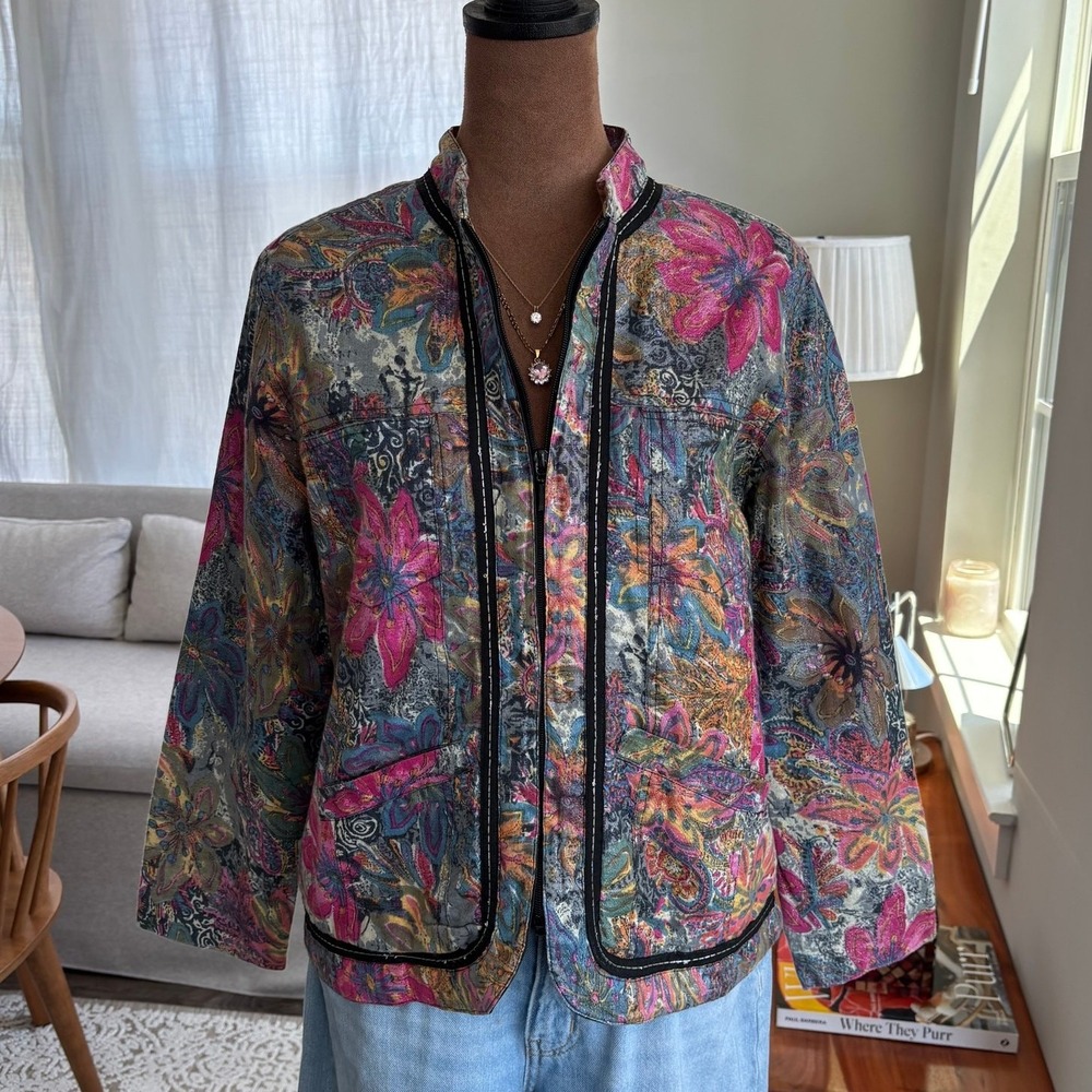 90s Vintage Life Style Metallic Cotton Floral Jacket Artsy Boho 70s Style Small